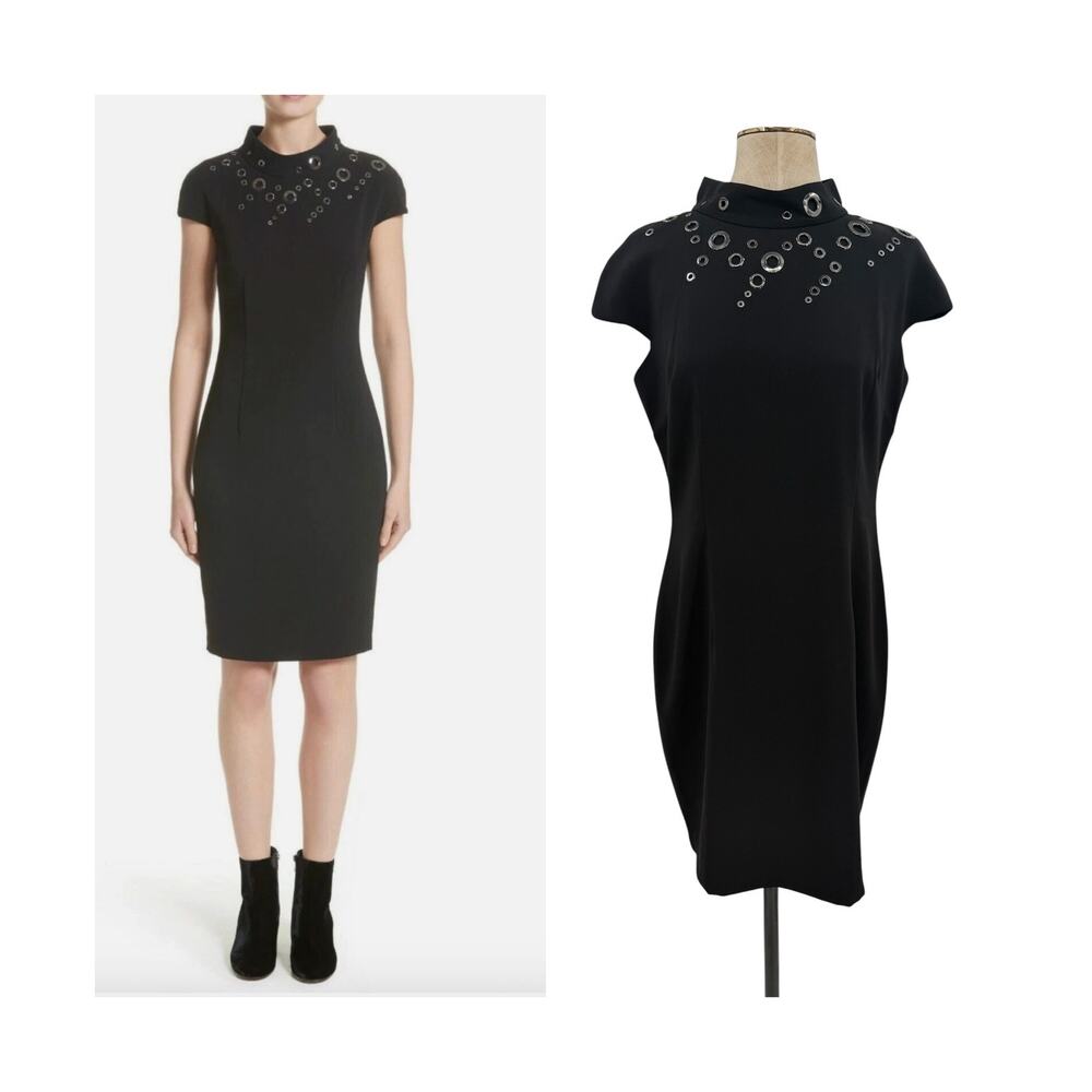 St. John Grommet Embellished Funnel Neck Sheath Dress Black Size 6